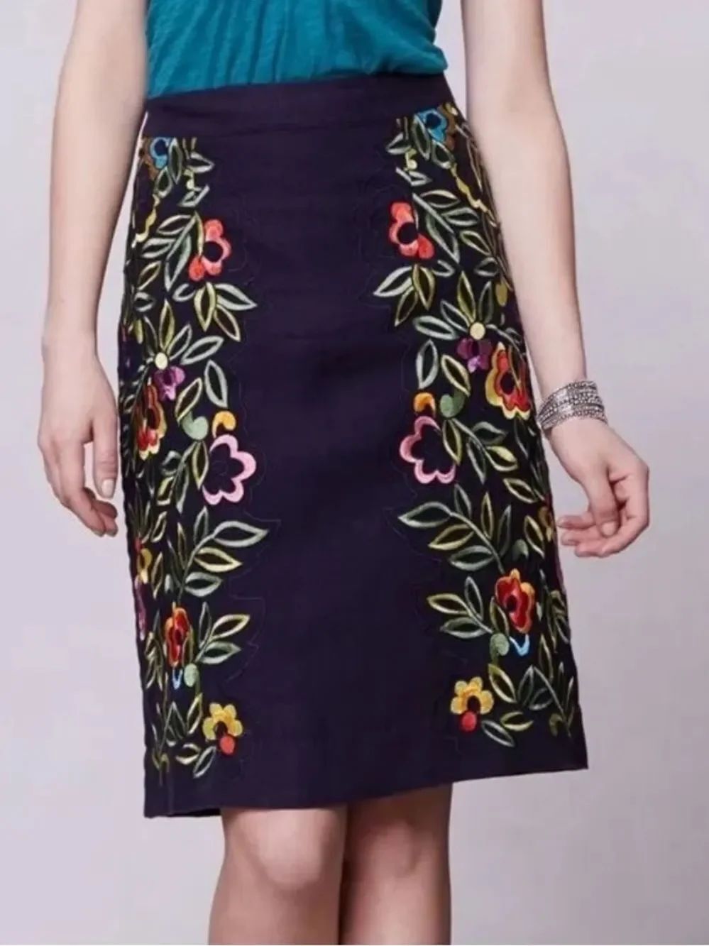 Anthropologie Moulinette Soeurs Embroidered Floral Linen Skirt Womens 8 NEW
